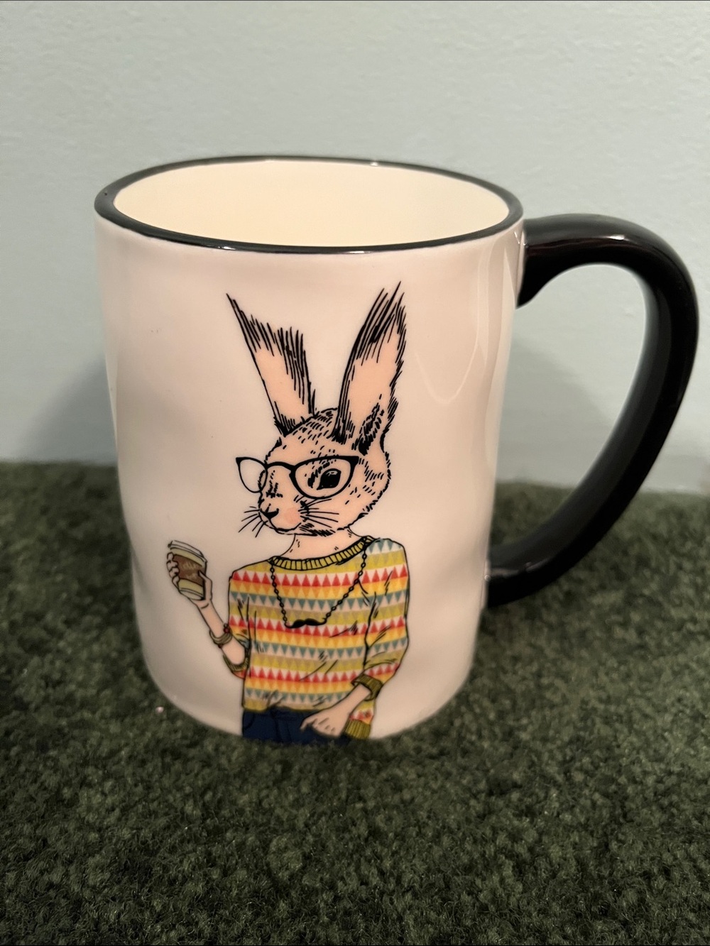 White Ceramic 12 oz coffee Mug with Stylish Bunny hipster rabbit glasse